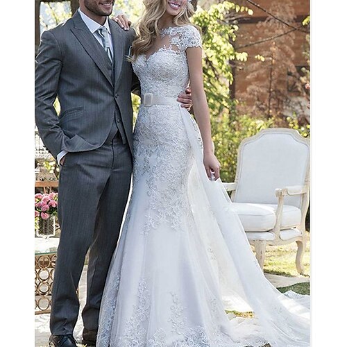 

Mermaid / Trumpet Wedding Dresses Jewel Neck Sweep / Brush Train Detachable Lace Tulle Short Sleeve Formal Romantic Luxurious with Appliques 2022