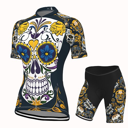 

21Grams Women's Cycling Jersey with Shorts Short Sleeve Mountain Bike MTB Road Bike Cycling Dark Navy Graphic Skull Sugar Skull Bike Clothing Suit 3D Pad Breathable Quick Dry Moisture Wicking