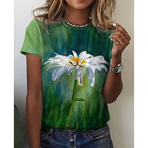 

Mulheres Camiseta Verde Gráfico Floral Imprimir Manga Curta Diário Final de semana Básico Decote Redondo Padrão Tema Flores Pintura S