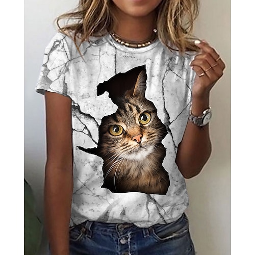 

Women's T shirt Tee White Graphic Cat Print Short Sleeve Daily Weekend Basic Round Neck Regular 3D Cat S / 3D Print