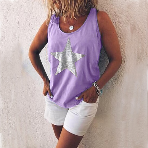 

Women's Tank Top Vest Green Blue Purple Star Print Sleeveless Daily Weekend Streetwear Casual Round Neck Regular Geometric S