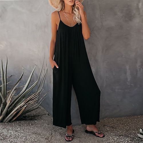 

Women's Jumpsuits Casual Summer Solid Color V Neck Holiday Daily Going out Wide Leg Loose Fit Spaghetti Strap Khaki 3XL