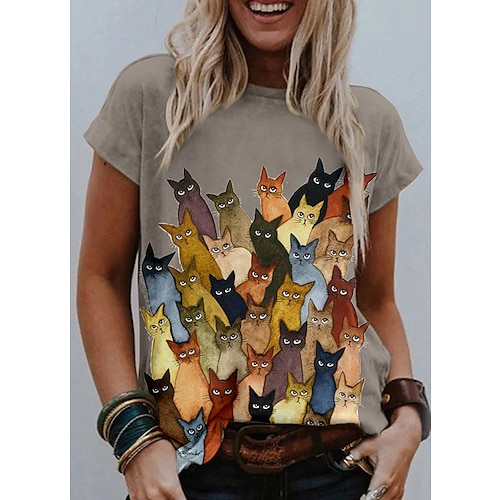 

Women's T shirt Tee Blue Khaki White Graphic Cat Print Short Sleeve Going out Weekend Basic Round Neck Regular Cat Painting S