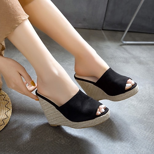 

Women's Clogs & Mules Mules Wedge Sandals Espadrilles Platform Sandals Platform Wedge Heel Peep Toe PU Synthetics Loafer Black Blue Beige