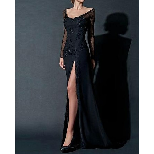 

Sheath / Column Sexy Engagement Formal Evening Dress Scoop Neck Long Sleeve Floor Length Chiffon with Beading Lace Insert Split Front 2022