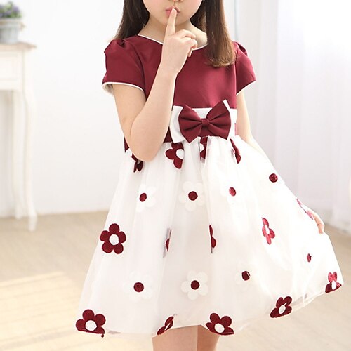 

Kids Girls' Polka Dots Flowers Tulle Dress Daisy Sun Floral Bow Blushing Pink Wine Navy Blue Knee-length Short Sleeve Basic Casual Dresses Summer Regular Fit 2-12 Years