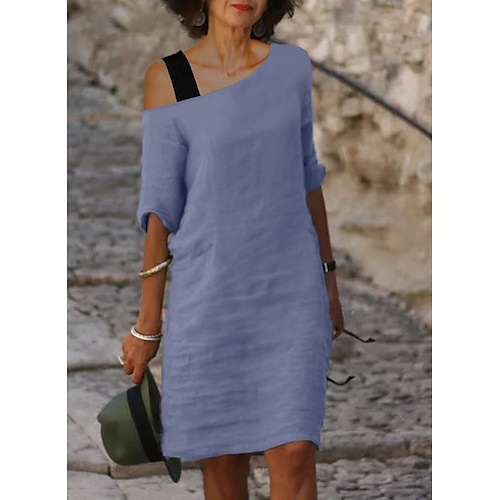 

Women's Shift Dress Midi Dress Blue Short Sleeve Pure Color Spring Summer One Shoulder S M L XL XXL 3XL