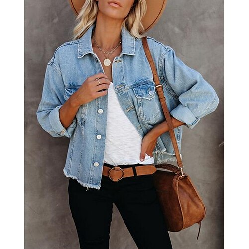 

Women's Denim Jacket Daily Spring & Fall Regular Coat Shirt Collar Regular Fit Jacket Long Sleeve Solid Colored Light Blue