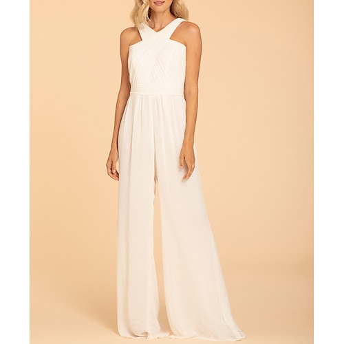 

Jumpsuits Bridesmaid Dress Halter Neck Sleeveless Open Back Floor Length Chiffon with Ruching 2022