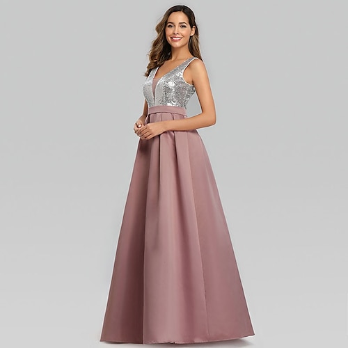 

A-Line Bridesmaid Dress V Neck Sleeveless Elegant Floor Length Satin with Sequin / Ruching 2022 / Open Back