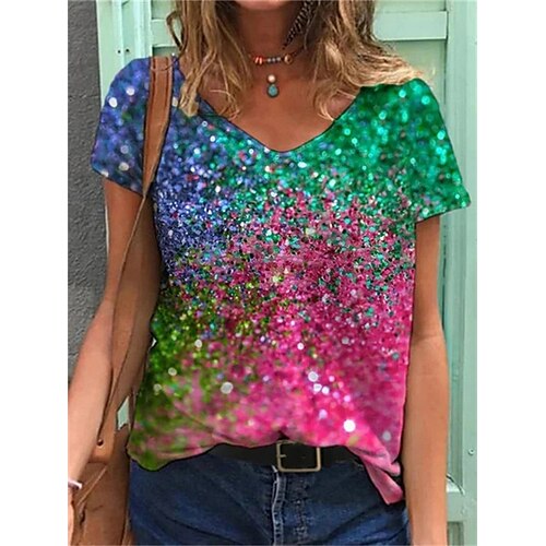 

Women's T shirt Tee Purple Rainbow Light Blue Graphic Floral Print Short Sleeve Daily Basic V Neck Regular Loose Fit S / 3D Print