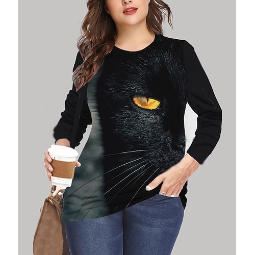 

Damen Übergröße Oberteile T-Shirt Druck Katze Grafik Tier Große Größe Rundhalsausschnitt Langarm Große Größe XL XXL 3XL 4XL 5XL Schwarz Gelb / Übergrössen