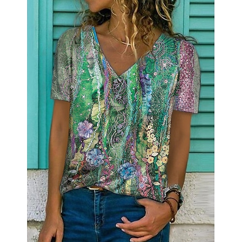 

Women's T shirt Tee Green Purple Yellow Graphic Floral Print Short Sleeve Daily Weekend Basic V Neck Regular Floral Abstract Geometric S