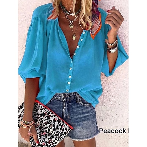

Women's Blouse Shirt Green Blue Orange Solid Colored Long Sleeve Daily V Neck S
