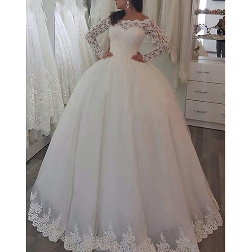 

Princess Ball Gown Wedding Dresses Jewel Neck Sweep / Brush Train Lace Tulle Long Sleeve Formal Romantic Luxurious with Pleats Appliques 2022