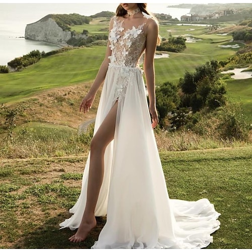 

A-Line Wedding Dresses Jewel Neck Sweep / Brush Train Chiffon Lace Sleeveless Beach Sexy with Pleats Appliques Split Front 2022