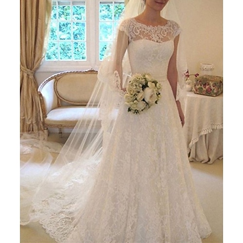 

A-Line Wedding Dresses Jewel Neck Court Train Lace Tulle Short Sleeve Country Formal Romantic with Pleats Appliques 2022