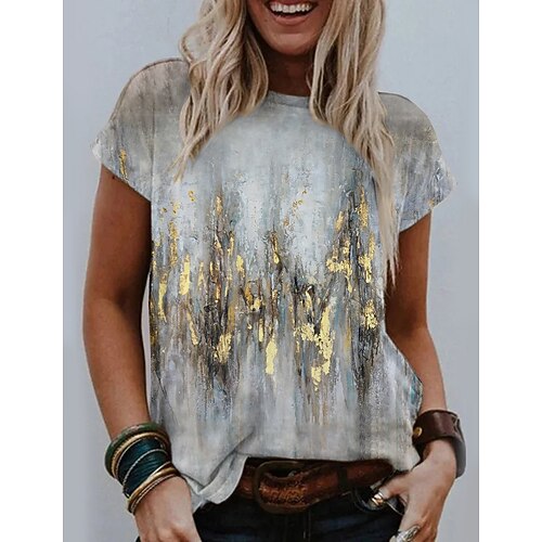 

Women's T shirt Tee Yellow Khaki Gray Graphic Floral Print Short Sleeve Daily Weekend Basic Round Neck Regular Abstract Geometric Painting S / 3D Print