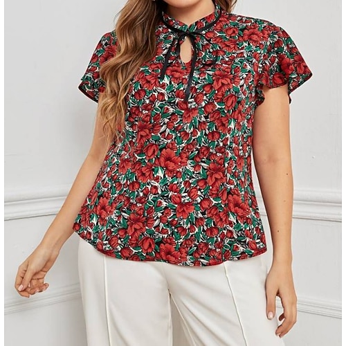 

Women's Plus Size Tops Shirt Floral Print Short Sleeve Standing Collar Vintage Daily Chiffon Red