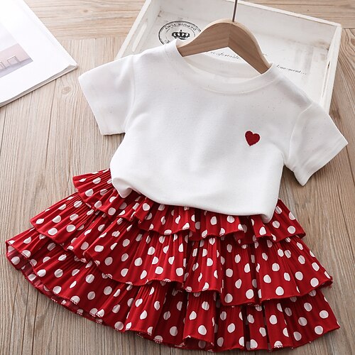 

Kids Girls' Polka Dot Dress Ruffle Cotton Short Sleeve Basic Dress Red