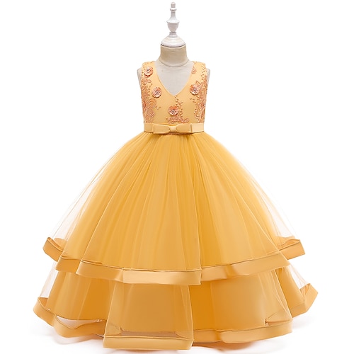 

Wedding Event / Party Ball Gown Flower Girl Dresses V Neck Floor Length Polyester Tulle Spring Summer with Bow(s) Tier Cute Girls' Party Dress Fit 3-16 Years