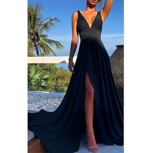 

A-Line Bridesmaid Dress V Neck Sleeveless Beautiful Back Floor Length Spandex with Split Front 2022