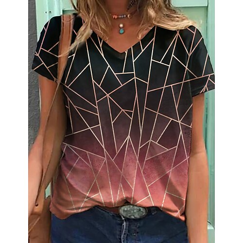 

Women's T shirt Tee Black Geometric Color Gradient Print Short Sleeve Daily Weekend Basic V Neck Regular Abstract Geometric Painting S