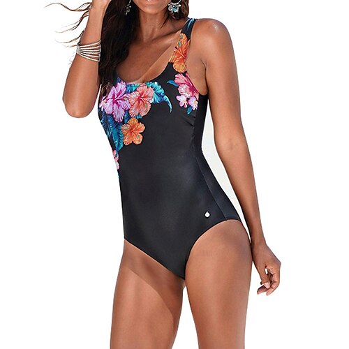 

Women's One Piece Swimsuit Back Cross Bodysuit Bathing Suit Floral Swimwear Black Breathable Quick Dry Comfortable Sleeveless - Swimming Surfing Beach Summer / Nylon