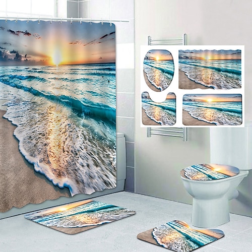 

4PCS Shower Curtain Set with Rug Beach Theme Toilet Lid Cover Sets with Non-Slip Rug Bath Mat for Bathroom,Small Waves By The Sea Pattern,Polyester,Waterproof