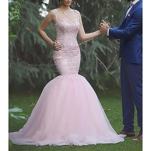 

Mermaid / Trumpet Wedding Dresses Bateau Neck Sweep / Brush Train Lace Tulle Sleeveless Country Romantic Luxurious with Appliques 2022