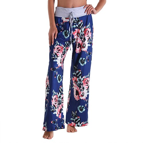 

Women's Culottes Wide Leg Chinos Pants Trousers Blue Wine Royal Blue Mid Waist Fashion Casual Weekend Print Micro-elastic Full Length Comfort Flower / Floral S M L XL XXL / Loose Fit