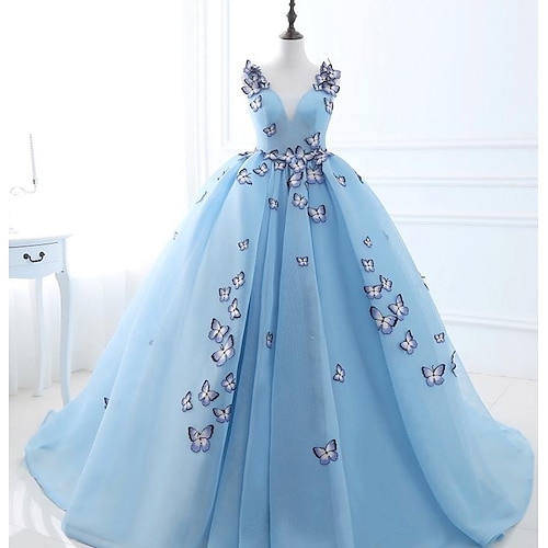 

Ball Gown Prom Dresses Luxurious Dress Engagement Court Train Sleeveless V Neck Tulle with Pleats Appliques 2022