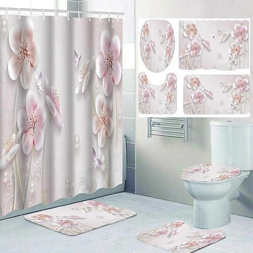 

Set di tende da doccia 4 pezzi con set di copri coperchio per WC tappeto con tappetino da bagno antiscivolo per bagno, motivo floreale rosa, tenda da doccia in poliestere impermeabile con 12 ganci, decorazione bagno