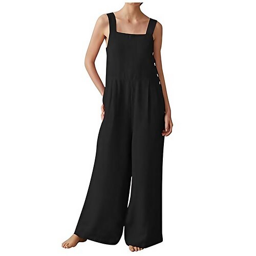 

ssyongxia bomuldslinned romper og jumpsuits til kvinder sommer, solid ærmeløs jumpsuit crewneck lange bukser romper sort