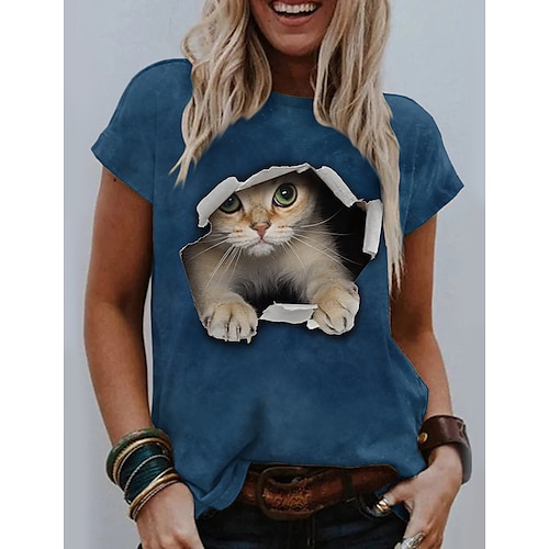 女性用 Tシャツ イエロー ブルー ダックグレー グラフィック 猫 プリント 半袖 日常 週末 ベーシック ラウンドネック レギュラー 3D猫 S