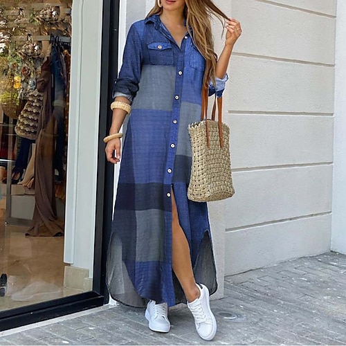 

Women's Shirt Dress Sheath Dress Blue Yellow Fuchsia Long Sleeve Color Block Patchwork Fall Spring Summer Shirt Collar Hot Winter Dress Fall Dress S M L XL XXL 3XL