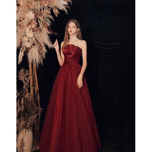 

A-Line Minimalist Elegant Engagement Prom Birthday Dress Scalloped Neckline Sleeveless Floor Length Tulle with Pleats Ruched 2022