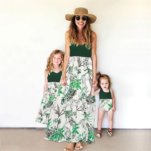 

Family Look Dress Graphic Print Light Green Sleeveless Maxi Matching Outfits / Summer