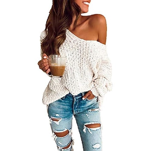 

Women's Pullover Sweater jumper Jumper Chunky Crochet Knit Knitted Thin Solid Color V Neck Basic Stylish Daily Date Winter Fall White S M L / Long Sleeve / Spring / Casual / Going out / Loose Fit