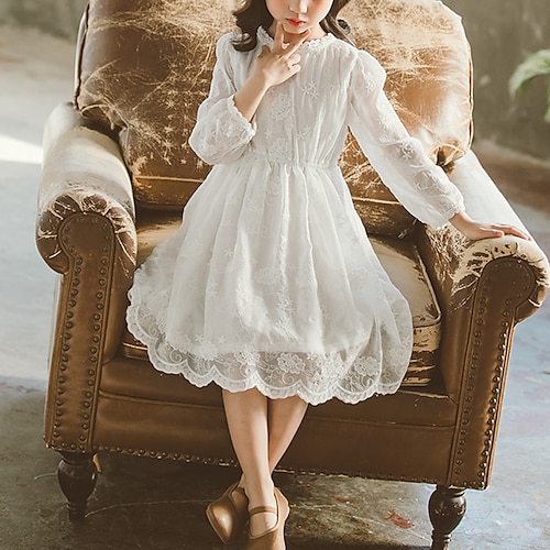 

Kids Girls' Dress Flower Knee-length Dress Lace Lace Long Sleeve Sweet Dress Summer White