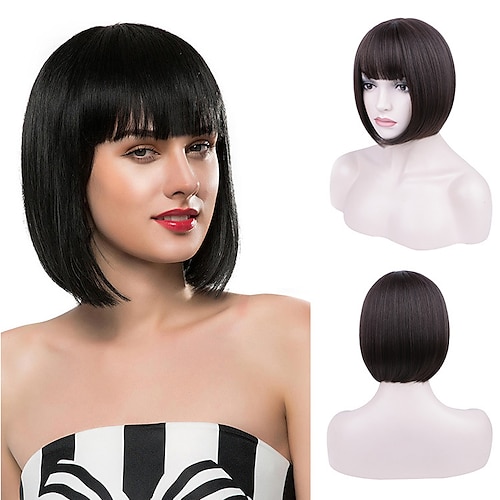 

Synthetic Wig Natural Straight Neat Bang Wig 12 inch Natural Black #1B Synthetic Hair 12 inch Women's Cute Comfy Fluffy Natural Black