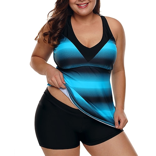 

Women's Swimwear Tankini 2 Piece Plus Size Swimsuit Push Up for Big Busts Striped Green Blue Purple Padded Scoop Neck Bathing Suits Sports Basic Vacation / New / Padded Bras