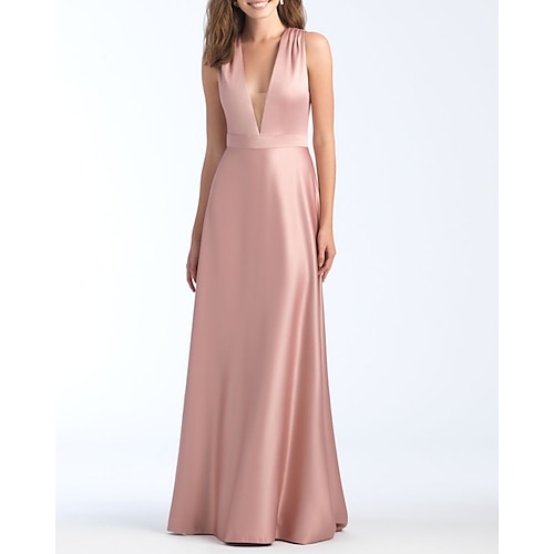 

A-Line Bridesmaid Dress V Neck Sleeveless Elegant Floor Length Charmeuse with Pleats 2022
