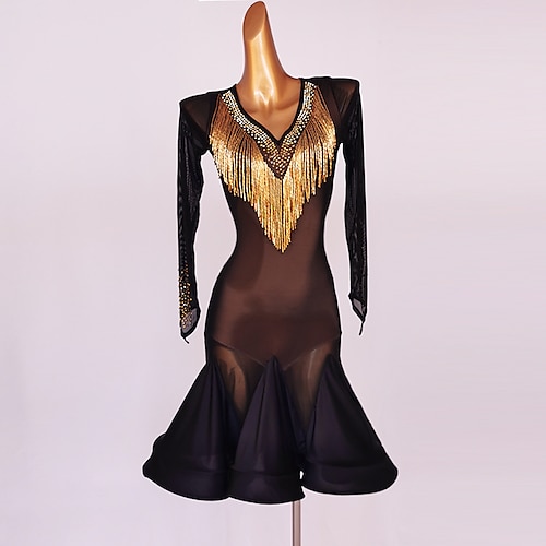 

Latin Dance Dress Beading Crystals / Rhinestones Sequins Women's Performance Long Sleeve Chinlon Mesh