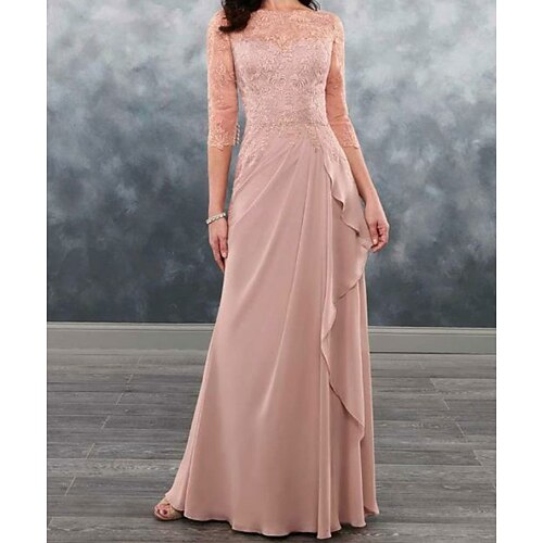 

Sheath / Column Mother of the Bride Dress Plus Size Sexy Bateau Neck Floor Length Chiffon Lace Half Sleeve with Appliques 2022