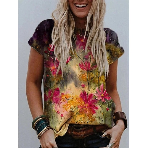 

Women's Floral Theme T shirt Floral Graphic Flower Print Round Neck Basic Tops Black Red Yellow / 3D Print