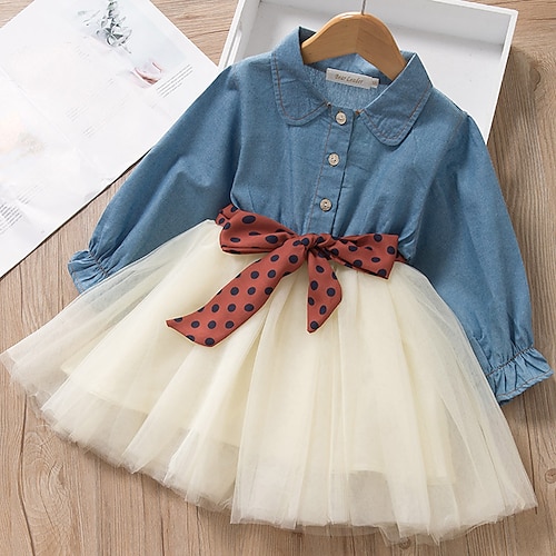 Kids Girls' Polka Dots Dress Denim Dress Outdoor Tulle Light Blue Active Casual Comfortable Dresses Children's Day Fall Spring 2-6 Years / Cute