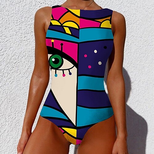 

Women's Swimwear One Piece Monokini Bathing Suits Normal Swimsuit Slim Color Block Geometric Red print Blue print Black print Green print (White) 3 Padded Bathing Suits Sports Active Basic / Sexy