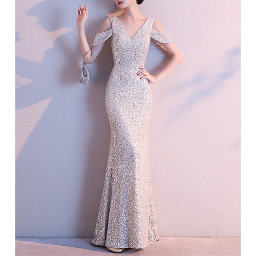 

Mermaid / Trumpet Beautiful Back Sparkle Wedding Guest Formal Evening Dress V Neck Short Sleeve Floor Length Sequined with Sequin 2022