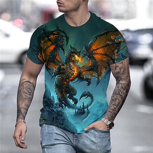 

Men's T shirt Tee Shirt Tee Graphic Anime Dragon Crew Neck Golden Blue Rainbow Orange 3D Print Plus Size Daily Holiday Short Sleeve Print Clothing Apparel Streetwear Exaggerated